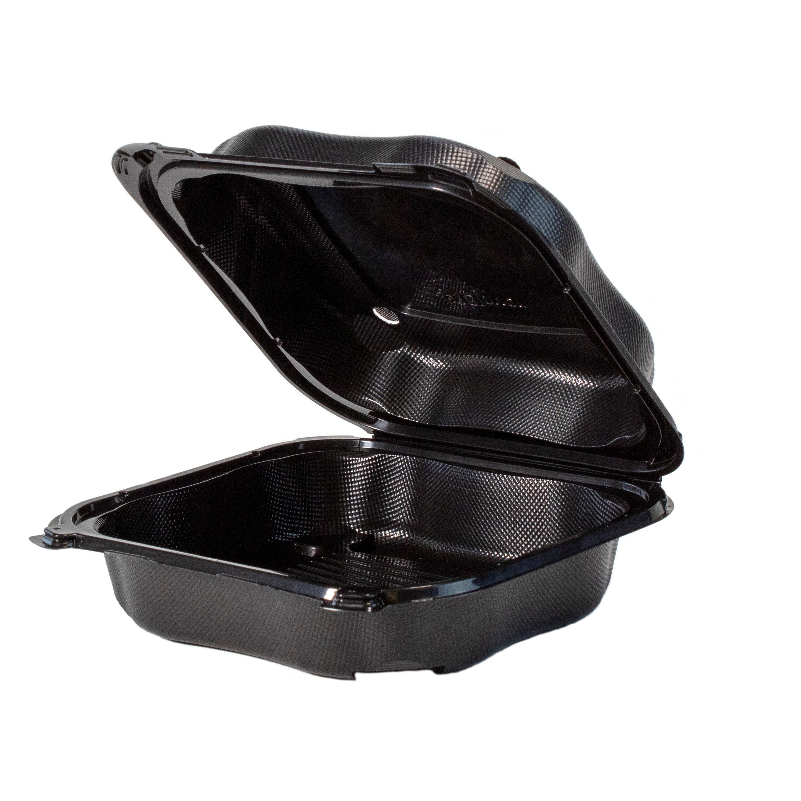 Clover Take-Out Container Hinged With Dome Lid 8.35X8.32X2.88 IN PP Black Square 150/Case