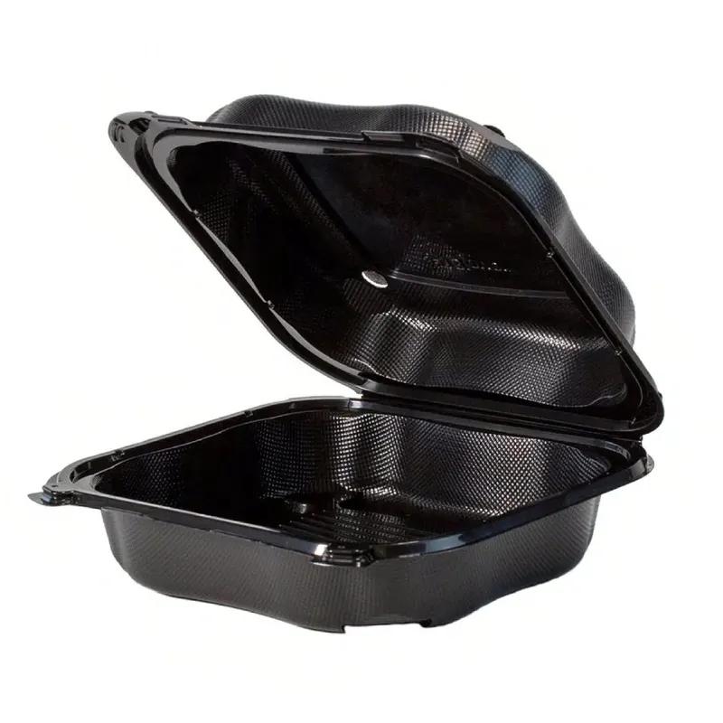 Clover Take-Out Container Hinged With Dome Lid 8.35X8.32X2.88 IN PP Black Square 150/Case