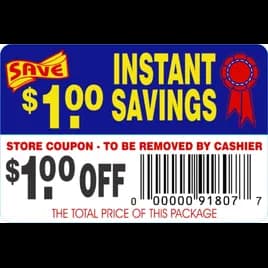 Instant Savings $1.00 Off Coupon Savings Label 2X3 IN Blue Red Yellow Black Tear Off 250 Count/Roll 30 Rolls/Case
