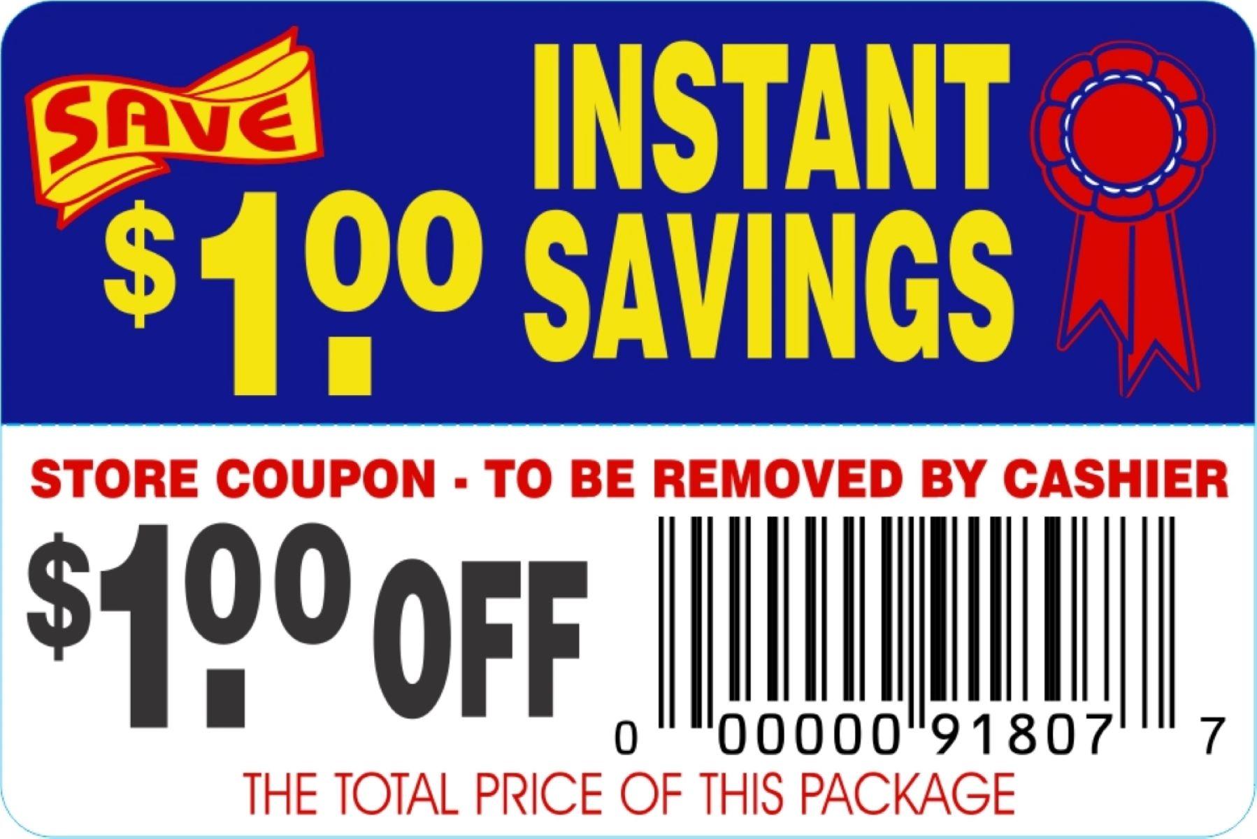 Instant Savings $1.00 Off Coupon Savings Label 2X3 IN Blue Red Yellow Black Tear Off 250 Count/Roll 30 Rolls/Case