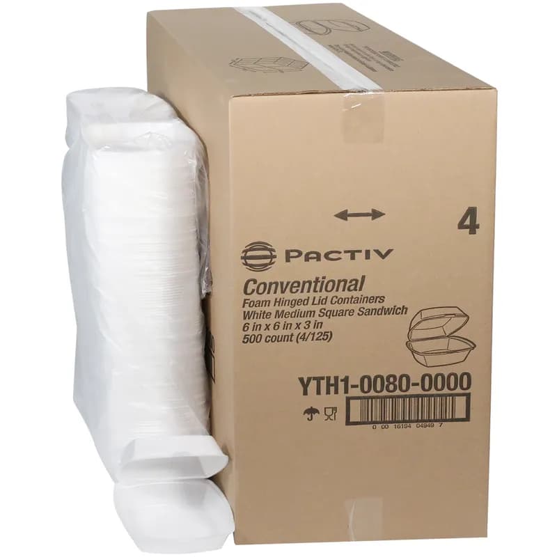 Sandwich Take-Out Container Hinged With Dome Lid Medium (MED) 6X6X3 IN Polystyrene Foam White Square 500/Case