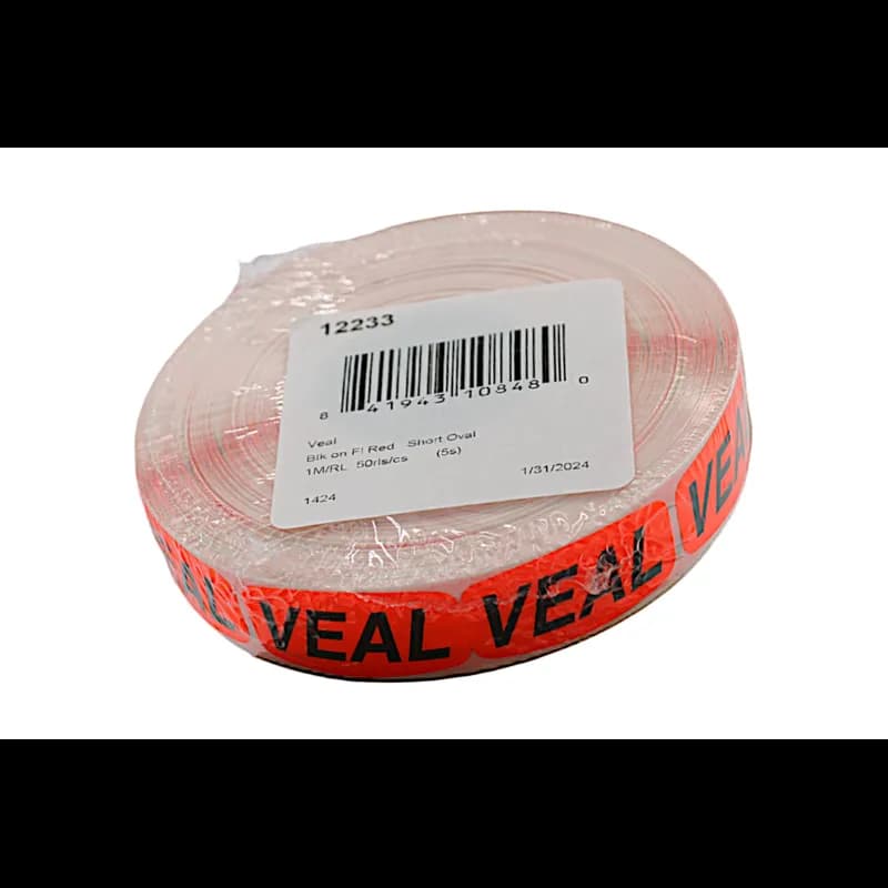 Veal Label 0.625X1.25 IN Black Fluorescent Red Short Oval Dayglo 1000 Count/Roll 50 Rolls/Case 50000 Count/Case