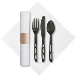 CaterWrap® 4PC Cutlery Kit Black Individually Wrapped With White Napkin,Fork,Knife,Spoon 50/Case