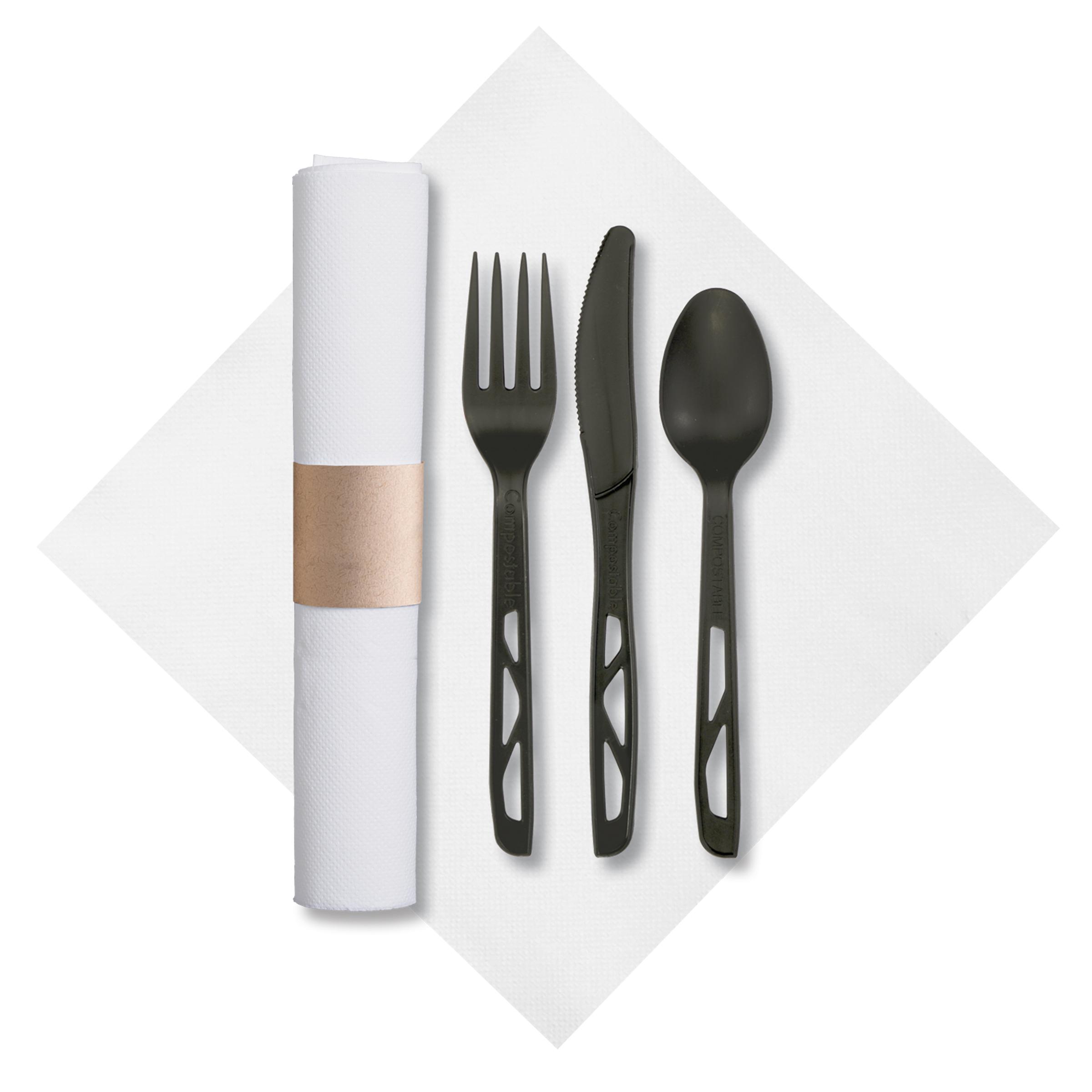 CaterWrap® 4PC Cutlery Kit Black Individually Wrapped With White Napkin,Fork,Knife,Spoon 50/Case