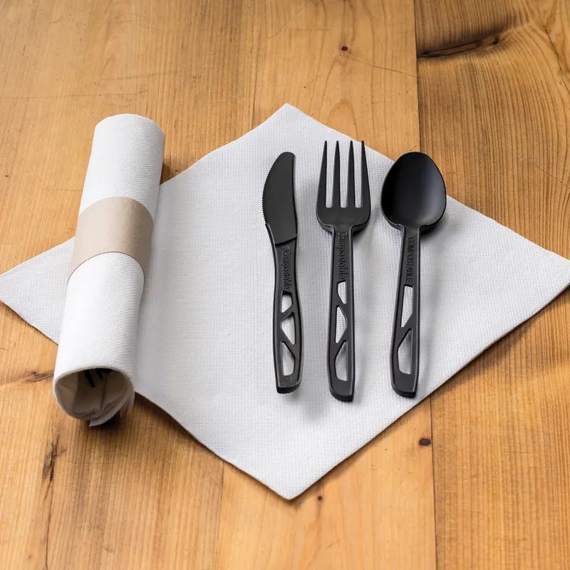 CaterWrap® 4PC Cutlery Kit Black Individually Wrapped With White Napkin,Fork,Knife,Spoon 50/Case