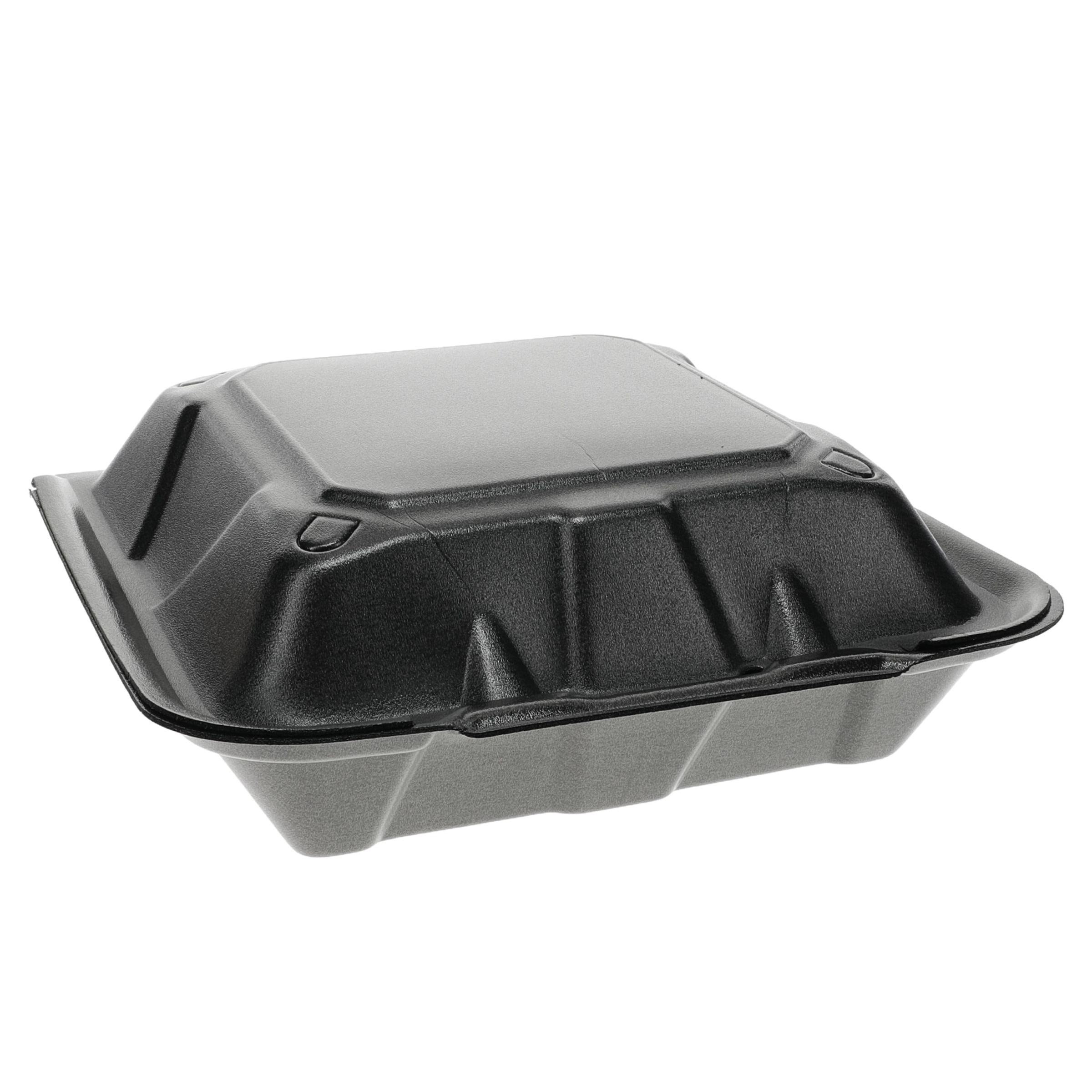 Take-Out Container Hinged With Dome Lid 9.1X9X3.3 IN 3 Compartment Polystyrene Foam Black Square Closing Tabs 150/Case