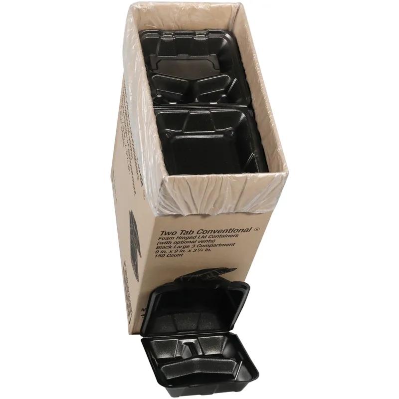 Take-Out Container Hinged With Dome Lid 9.1X9X3.3 IN 3 Compartment Polystyrene Foam Black Square Closing Tabs 150/Case