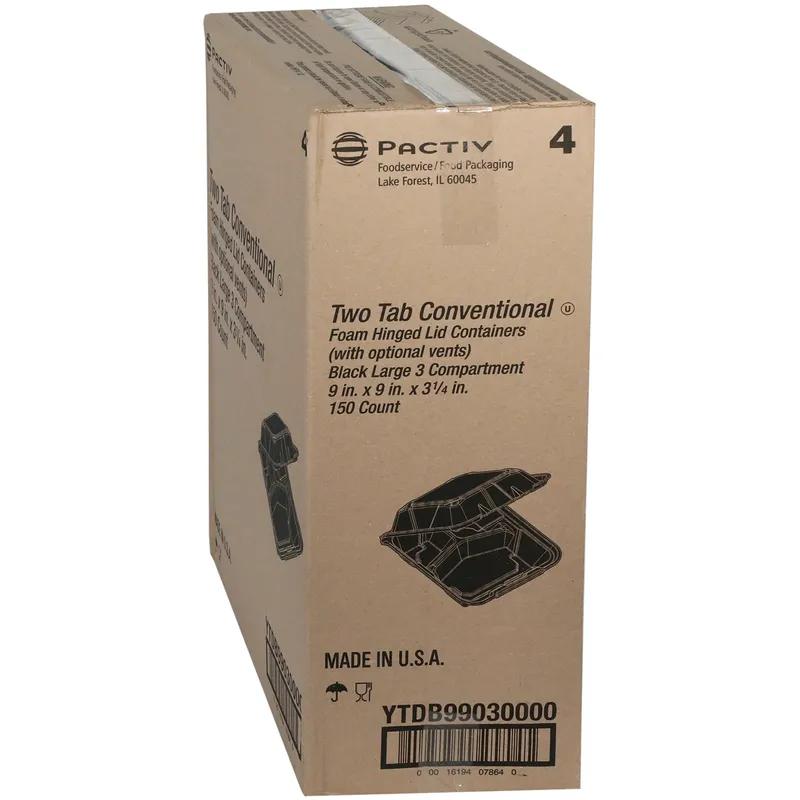 Take-Out Container Hinged With Dome Lid 9.1X9X3.3 IN 3 Compartment Polystyrene Foam Black Square Closing Tabs 150/Case