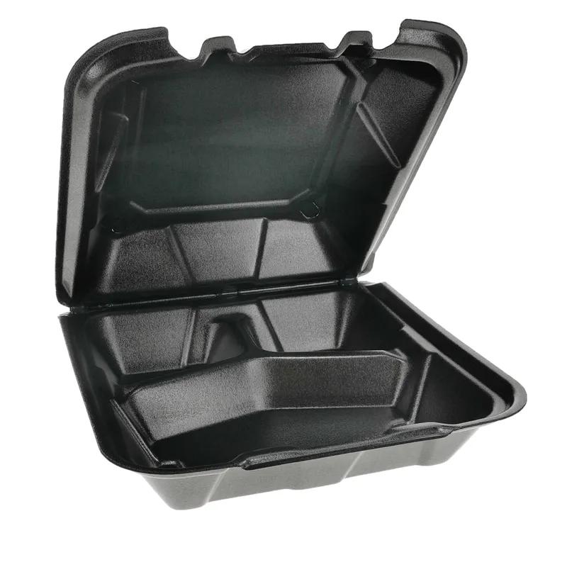 Take-Out Container Hinged With Dome Lid 9.1X9X3.3 IN 3 Compartment Polystyrene Foam Black Square Closing Tabs 150/Case