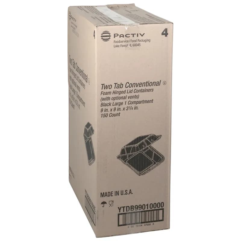 Take-Out Container Hinged 9.1X9X3.3 IN Polystyrene Foam Black 150/Case