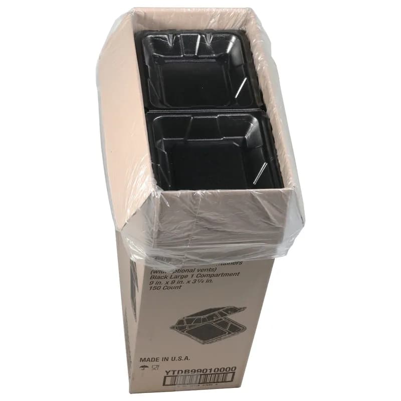 Take-Out Container Hinged 9.1X9X3.3 IN Polystyrene Foam Black 150/Case