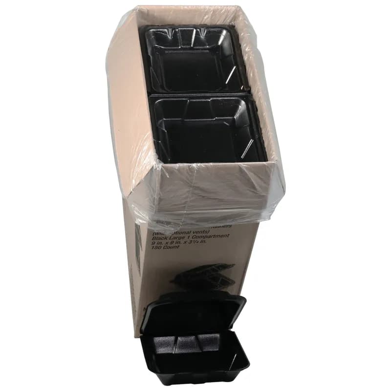 Take-Out Container Hinged 9.1X9X3.3 IN Polystyrene Foam Black 150/Case