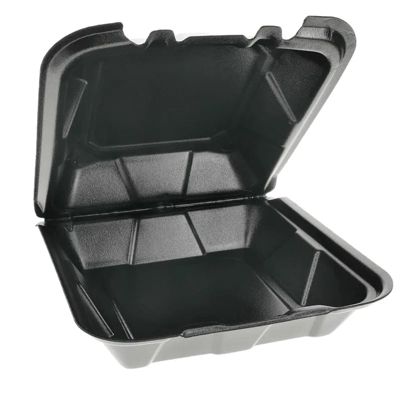 Take-Out Container Hinged 9.1X9X3.3 IN Polystyrene Foam Black 150/Case