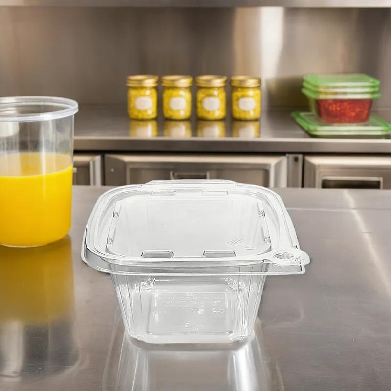 Deli Container Hinged With Flat Lid 16 OZ RPET Clear Square Tamper-Evident 240/Case