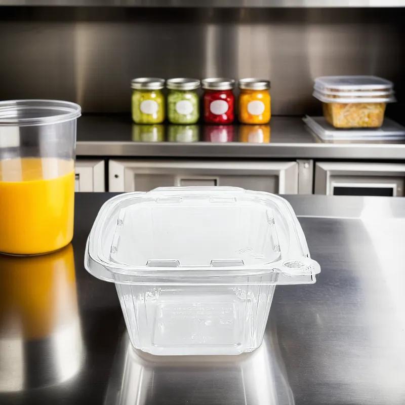 Deli Container Hinged With Flat Lid 16 OZ RPET Clear Square Tamper-Evident 240/Case