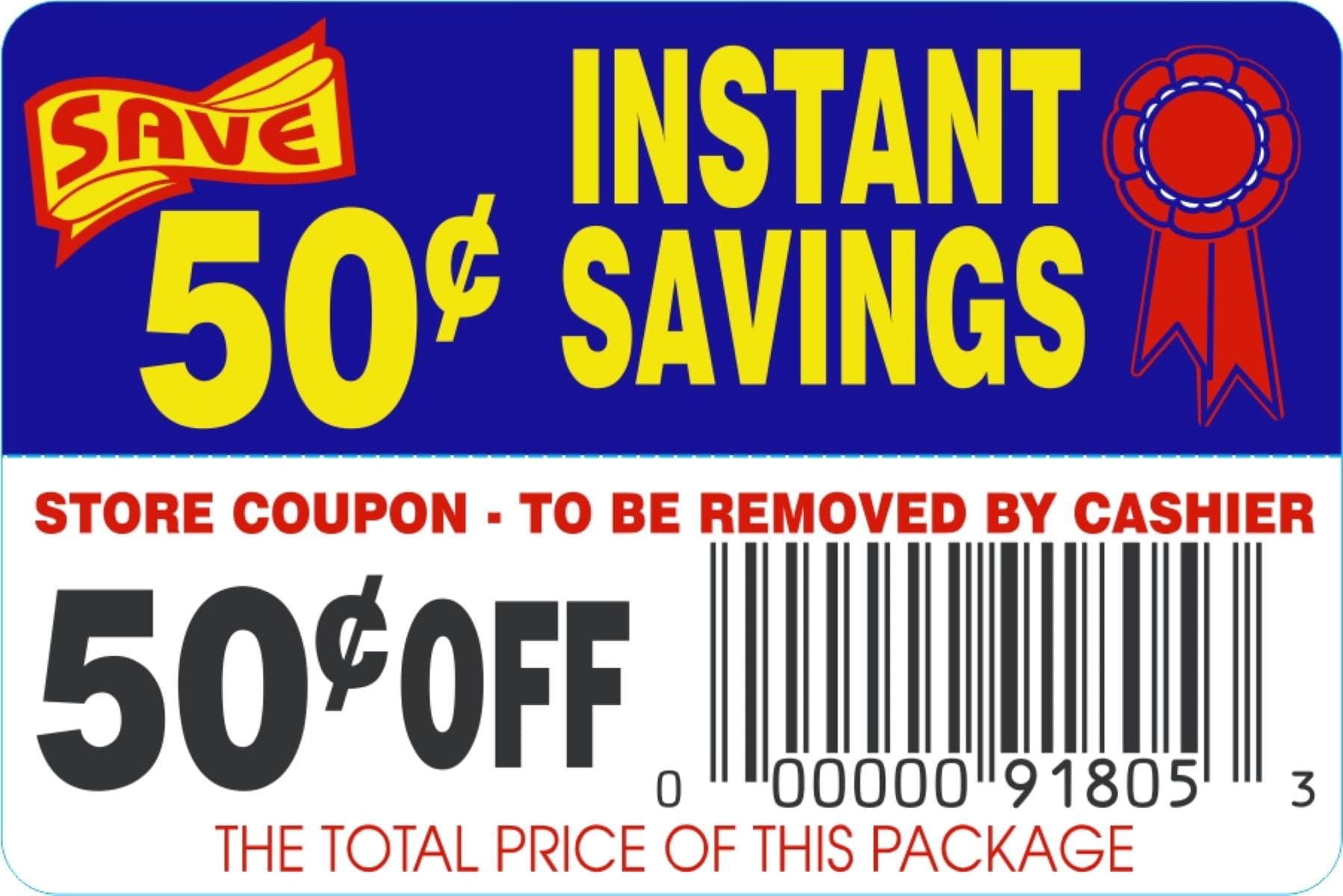 Instant Savings 50¢ Off Coupon Savings Label 2X3 IN Blue Red Yellow Black Tear Off 250 Count/Roll 30 Rolls/Case