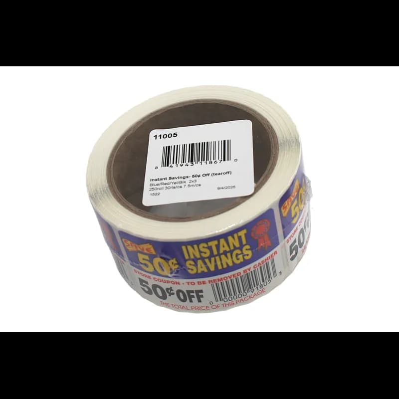 Instant Savings 50¢ Off Coupon Savings Label 2X3 IN Blue Red Yellow Black Tear Off 250 Count/Roll 30 Rolls/Case