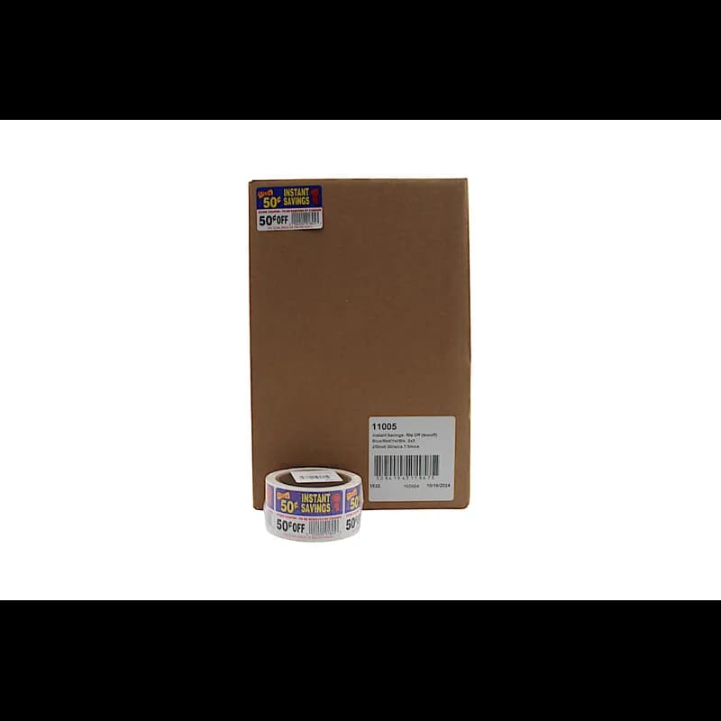 Instant Savings 50¢ Off Coupon Savings Label 2X3 IN Blue Red Yellow Black Tear Off 250 Count/Roll 30 Rolls/Case