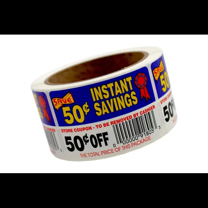 Instant Savings 50¢ Off Coupon Savings Label 2X3 IN Blue Red Yellow Black Tear Off 250 Count/Roll 30 Rolls/Case