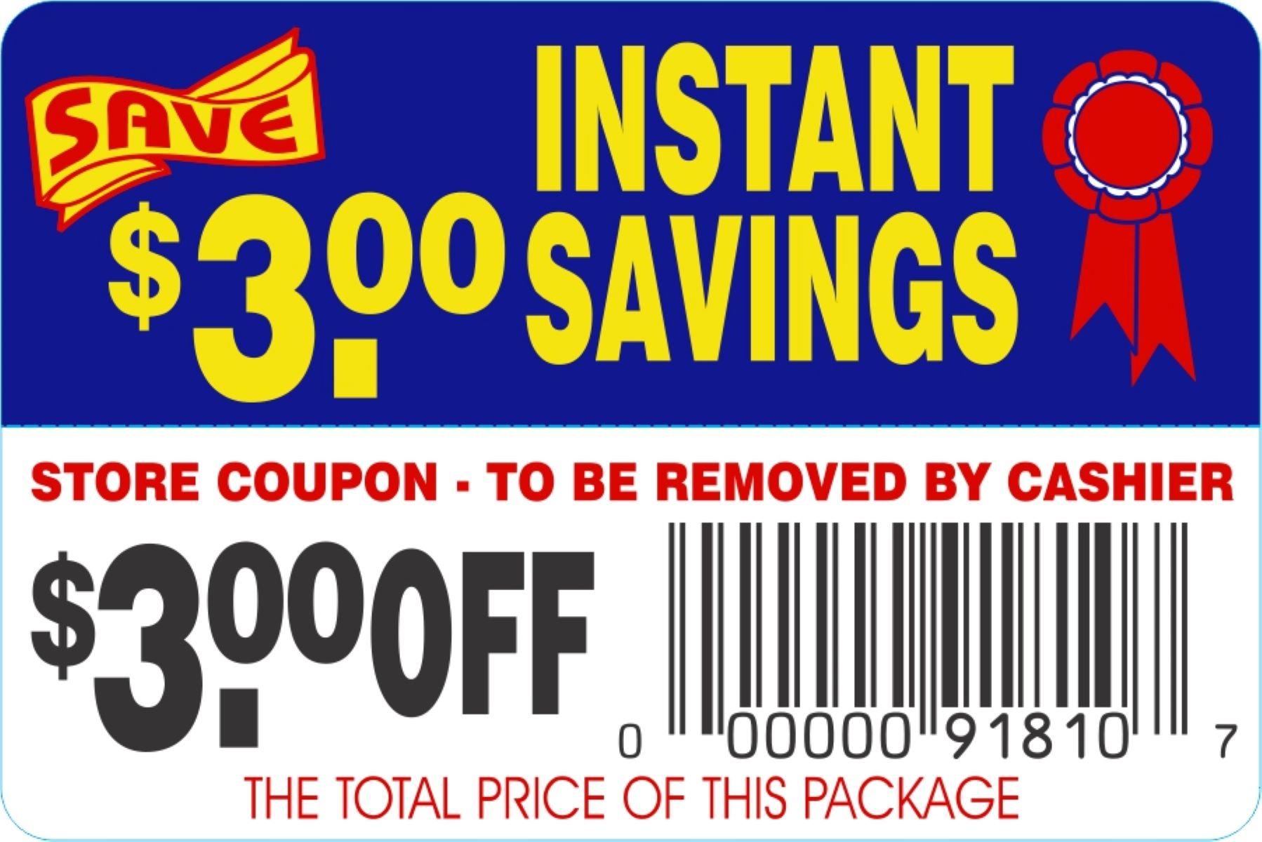 Instant Savings $3.00 Off Coupon Savings Label 2X3 IN Blue Red Yellow Black Tear Off 250 Count/Roll 30 Rolls/Case