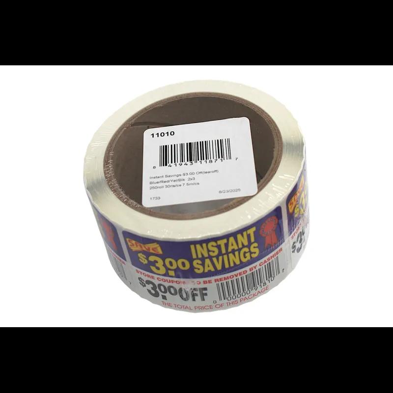 Instant Savings $3.00 Off Coupon Savings Label 2X3 IN Blue Red Yellow Black Tear Off 250 Count/Roll 30 Rolls/Case