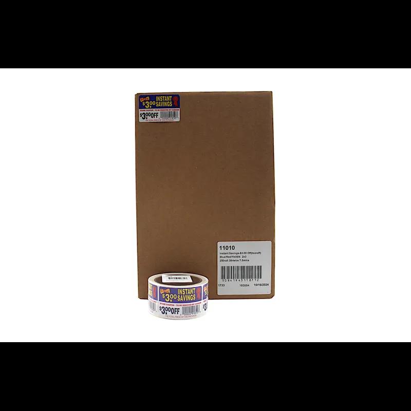 Instant Savings $3.00 Off Coupon Savings Label 2X3 IN Blue Red Yellow Black Tear Off 250 Count/Roll 30 Rolls/Case