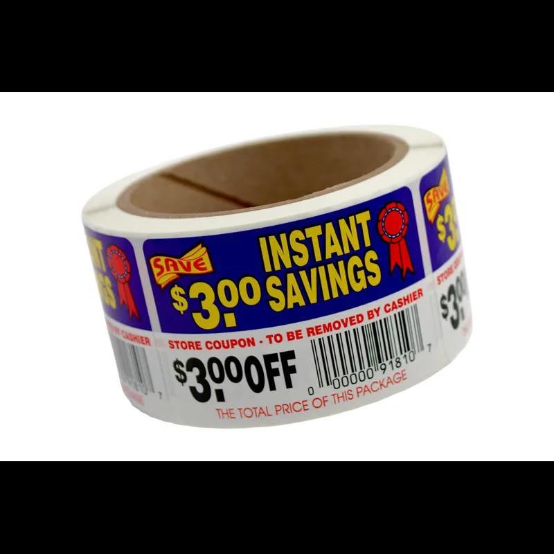 Instant Savings $3.00 Off Coupon Savings Label 2X3 IN Blue Red Yellow Black Tear Off 250 Count/Roll 30 Rolls/Case