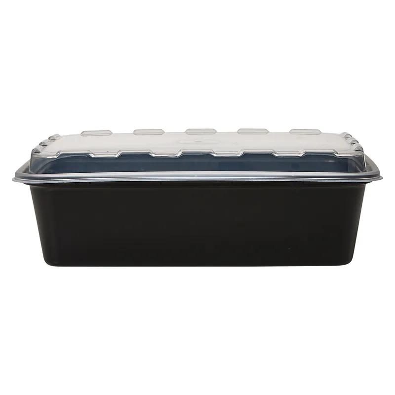 Take-Out Container Base & Lid Combo With Dome Lid 38 OZ Plastic Black Clear Oblong 150/Case