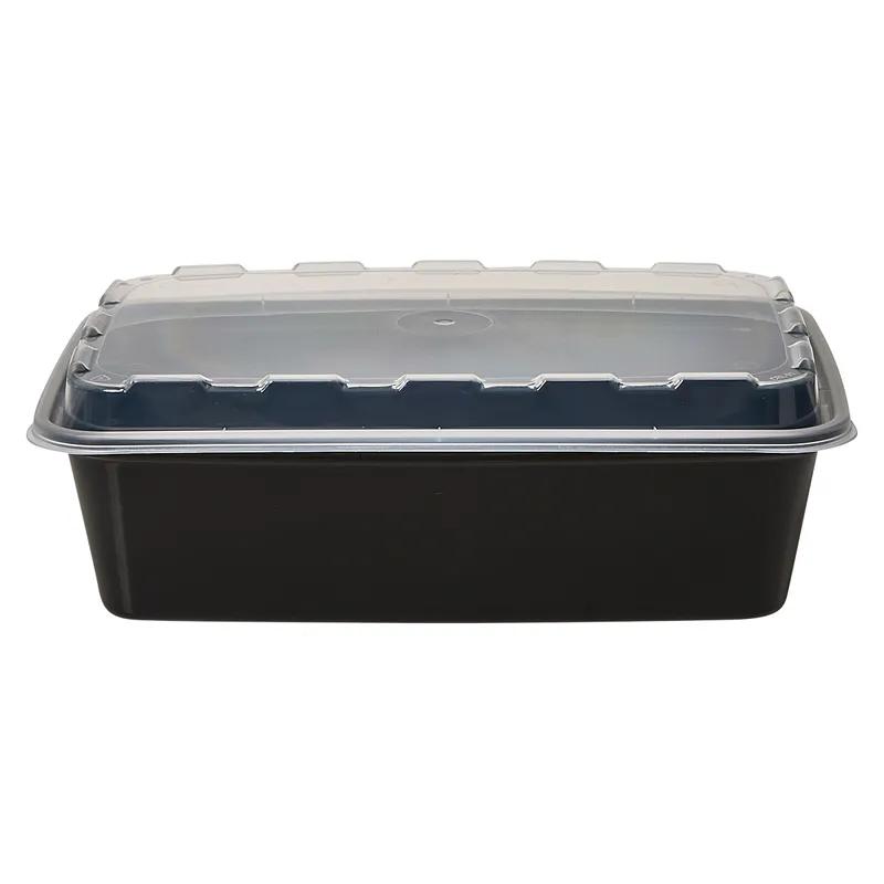 Take-Out Container Base & Lid Combo With Dome Lid 38 OZ Plastic Black Clear Oblong 150/Case