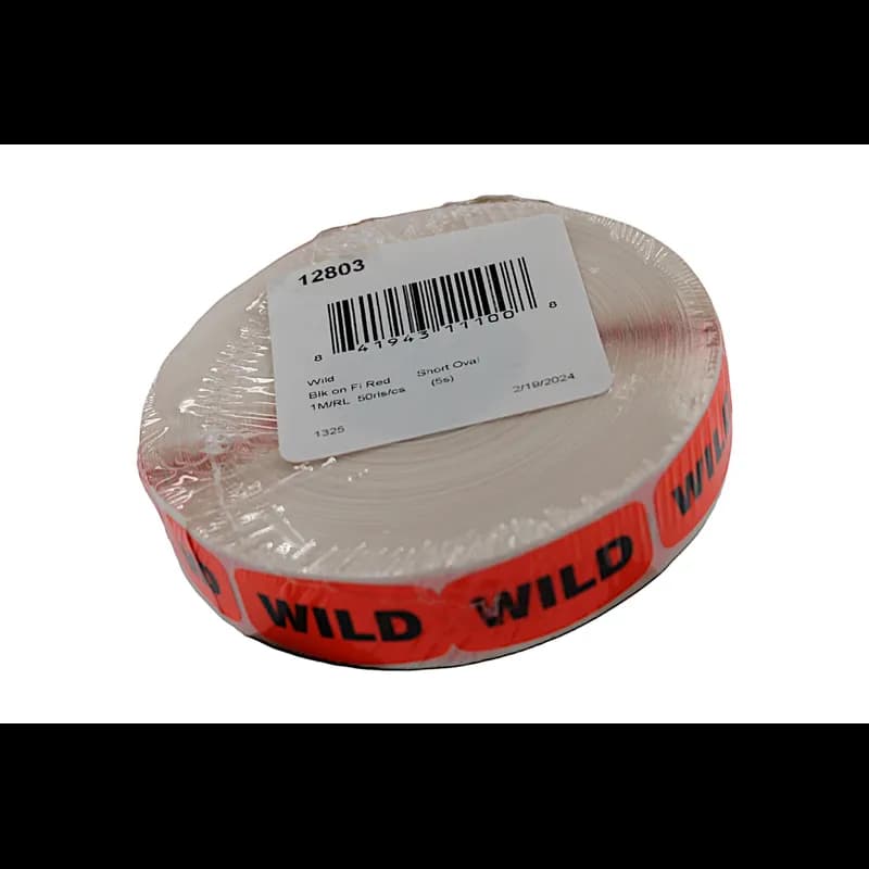 Wild Label 0.625X1.25 IN Black Fluorescent Red Short Oval 1000 Count/Roll 50 Rolls/Case 50000 Count/Case