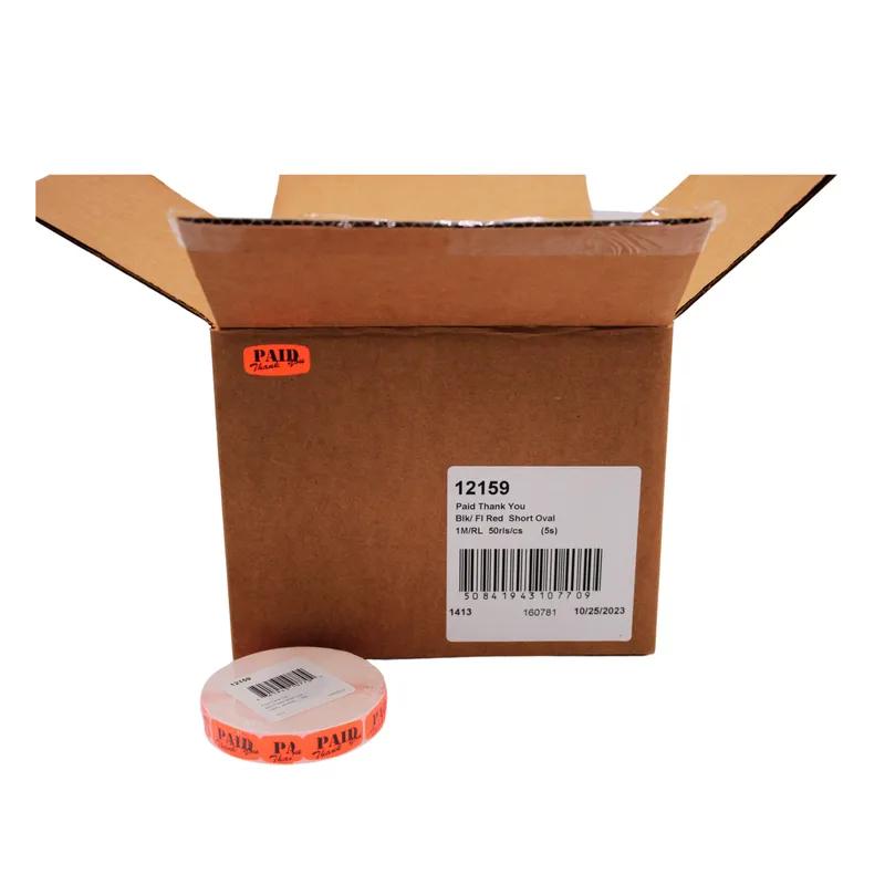 Paid Thank You Paid Label 0.625X1.25 IN Black Fluorescent Red Short Oval 1000 Count/Roll 50 Rolls/Case 50000 Count/Case