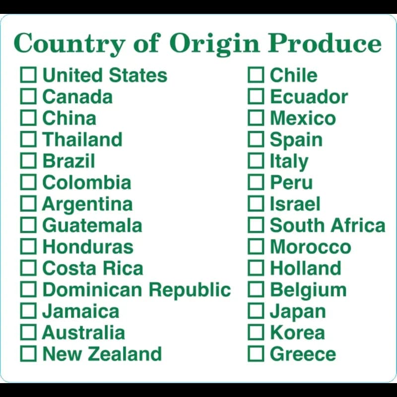 Country of Origin Produce Label 2.22X2.39 IN Green 1000 Count/Roll 20 Rolls/Case 20000 Count/Case