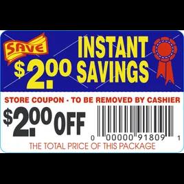 Instant Savings $2.00 Off Coupon Savings Label 2X3 IN Blue Red Yellow Black Tear Off 250 Count/Roll 30 Rolls/Case