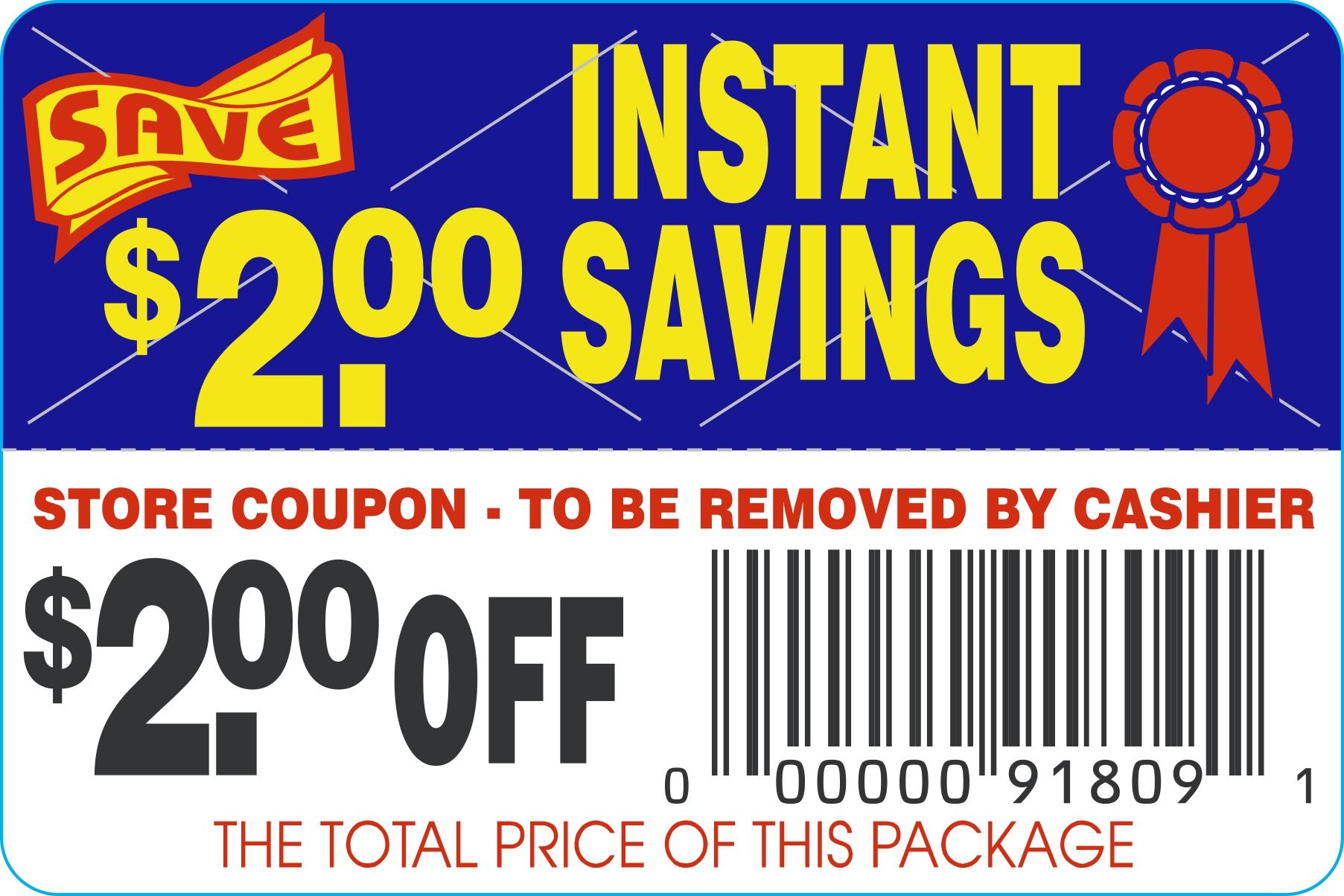 Instant Savings $2.00 Off Coupon Savings Label 2X3 IN Blue Red Yellow Black Tear Off 250 Count/Roll 30 Rolls/Case