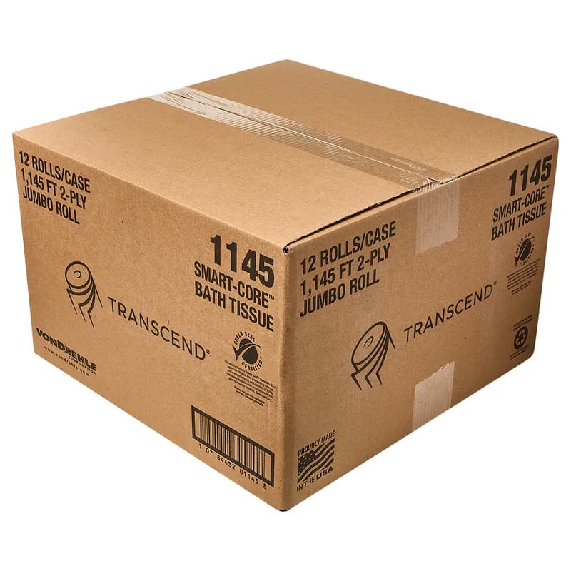 von Drehle Transcend® Smart-Core Toilet Paper & Tissue Roll 3.78IN X1145FT 2PLY Wht Coreless High Capacity 12 Rolls/Case