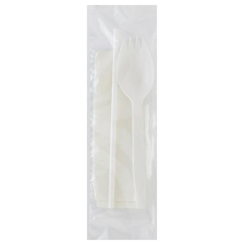 3PC Cutlery Kit PP White Medium Weight With 8X10 Napkin,Spork,Straw 1000/Case
