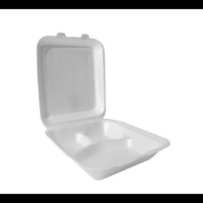 Take-Out Container Hinged With Dome Lid Small (SM) 6.5X7X2.75 IN 3 Compartment Polystyrene Foam White Rectangle 200/Case