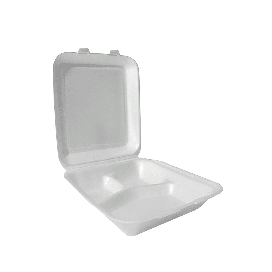 Take-Out Container Hinged With Dome Lid Small (SM) 6.5X7X2.75 IN 3 Compartment Polystyrene Foam White Rectangle 200/Case
