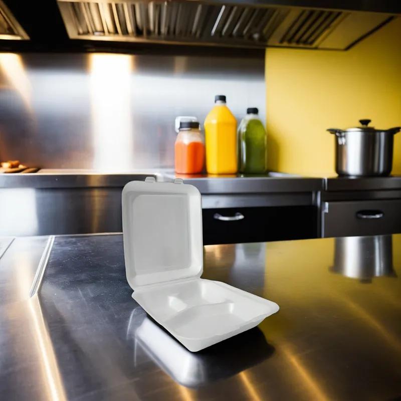 Take-Out Container Hinged With Dome Lid Small (SM) 6.5X7X2.75 IN 3 Compartment Polystyrene Foam White Rectangle 200/Case