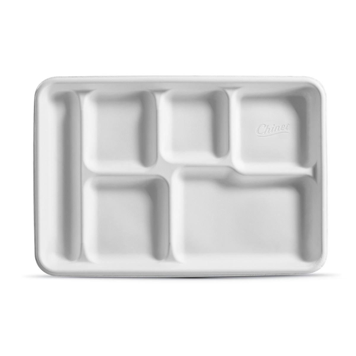 The Chinet Brand® Cafeteria & School Lunch Tray Base 8.5X12.5 IN 6 Compartment Molded Fiber White Rectangle 500/Case