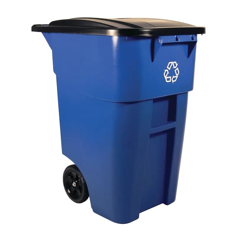 Brute® Recycling 1-Stream Curbside Trash 29X24X36 IN 50 GAL 200 QT Blue Resin With Hinged Lid Rollout 1/Each