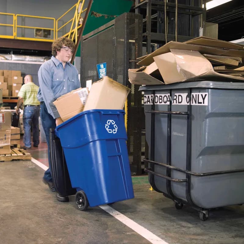 Brute® Recycling 1-Stream Curbside Trash 29X24X36 IN 50 GAL 200 QT Blue Resin With Hinged Lid Rollout 1/Each