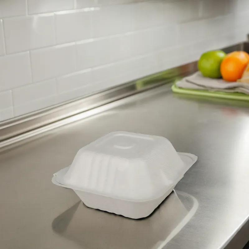 ChampWare Take-Out Container Hinged With Dome Lid 6X6 IN Sugarcane White Square 500/Case