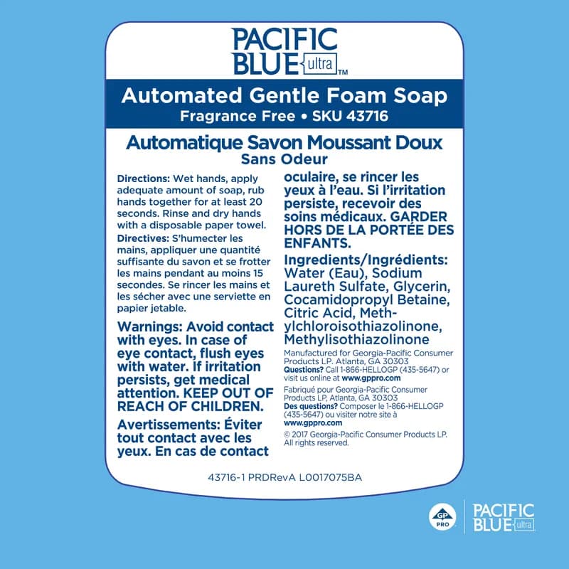 Pacific Blue Ultra™ Hand Soap Foam 1200 mL Unscented Clear Touchless Gentle 3/Case