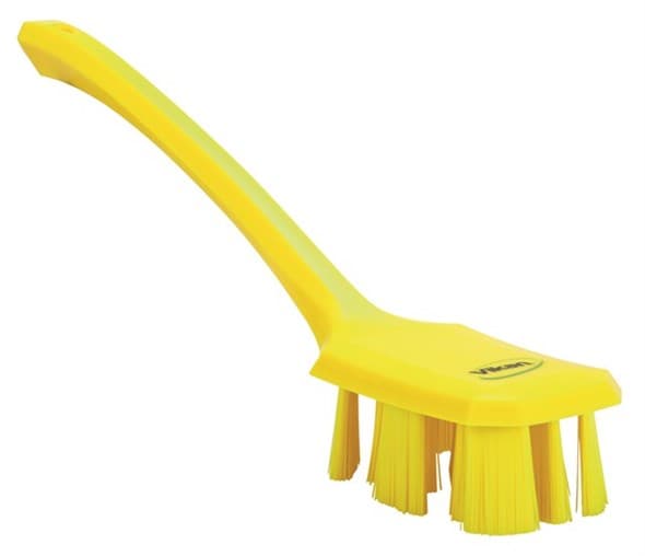Vikan® Scrub Brush 15.6X2.8X5.5 IN Polyester Glass Polypropylene (PP) Yellow Long Handle Stiff Bristles 1/Each