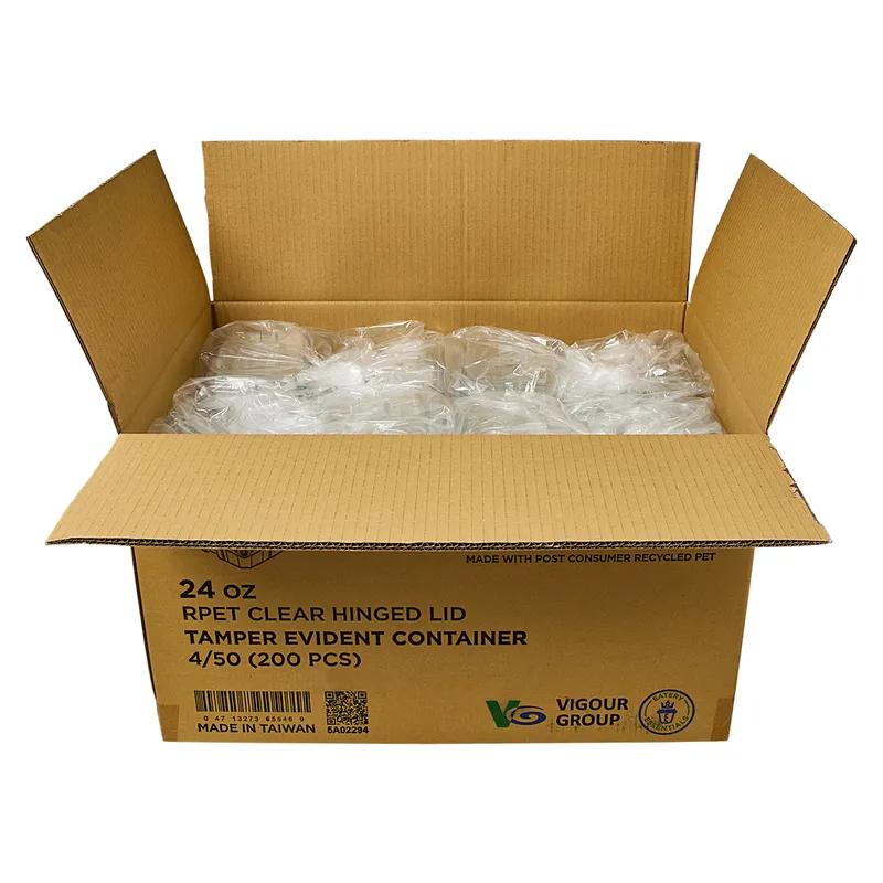 Deli Container Hinged With Flat Lid 24 OZ RPET Clear Rectangle Tamper-Evident 200/Case