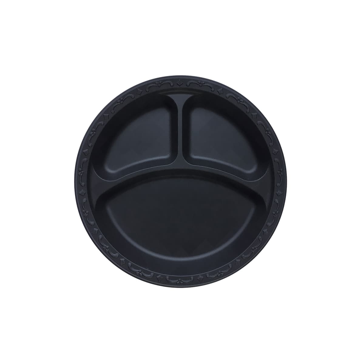 Pebble Box Plate 10.25 IN 3 Compartment PP Black Microwave Safe Grease Resistant 400/Case