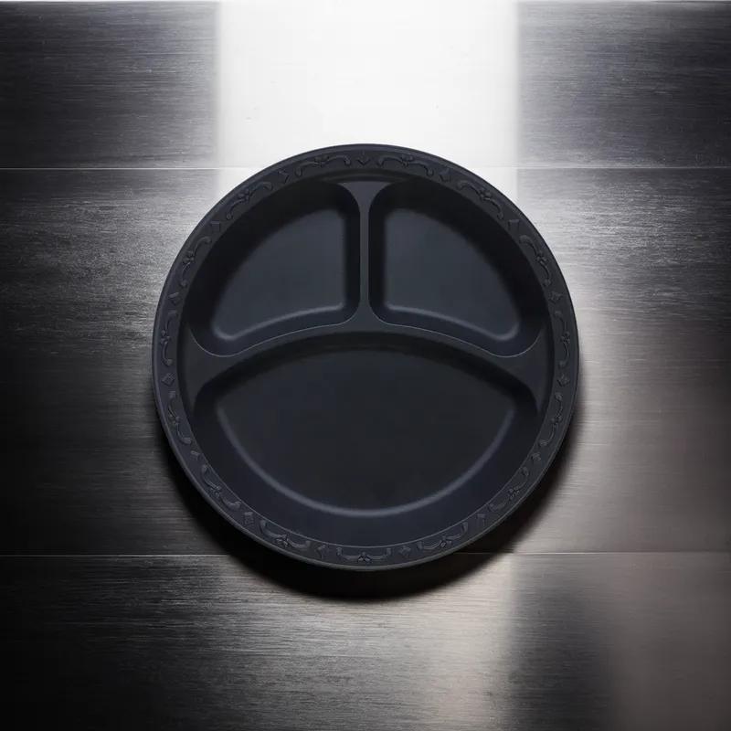 Pebble Box Plate 10.25 IN 3 Compartment PP Black Microwave Safe Grease Resistant 400/Case