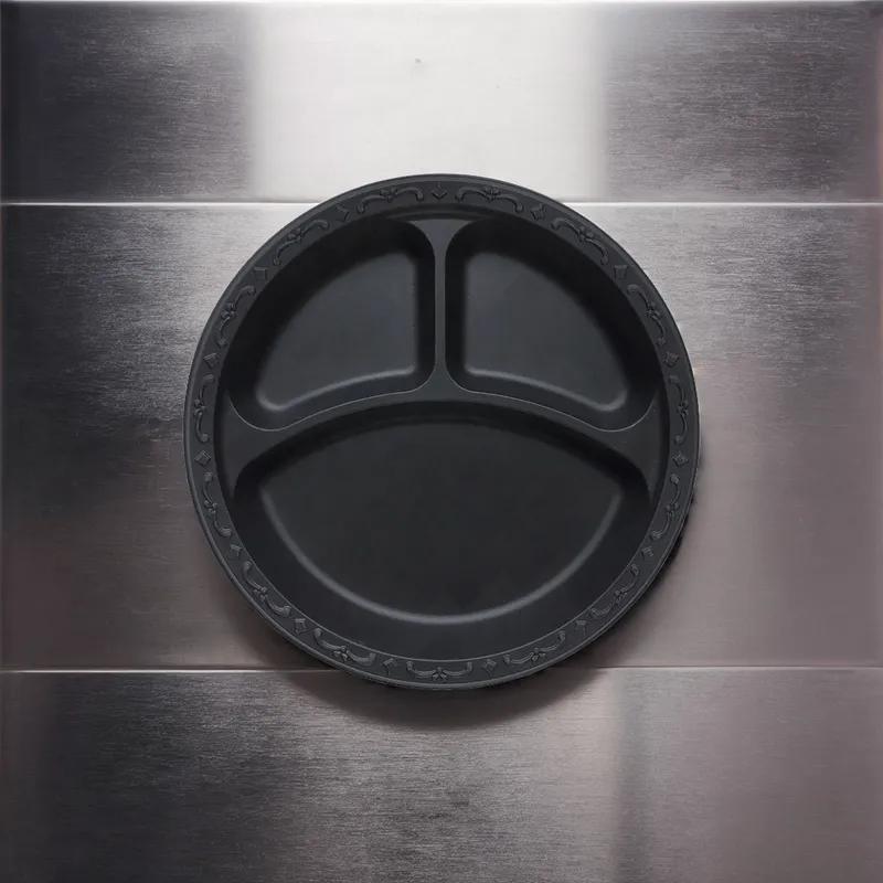 Pebble Box Plate 10.25 IN 3 Compartment PP Black Microwave Safe Grease Resistant 400/Case