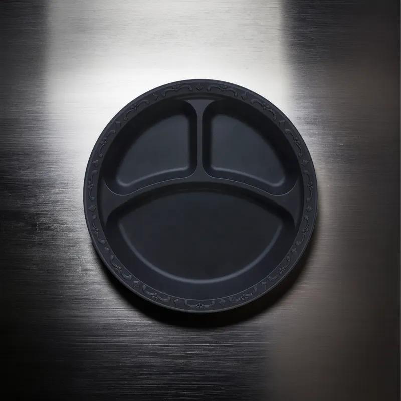 Pebble Box Plate 10.25 IN 3 Compartment PP Black Microwave Safe Grease Resistant 400/Case